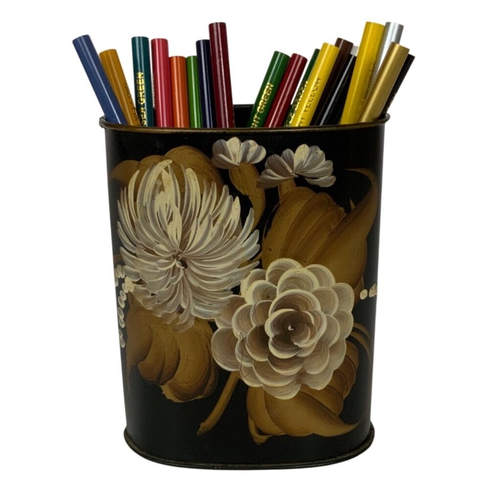 Vintage Hand-Painted Toleware Pencil Holder Black Gold Floral Oval Design
